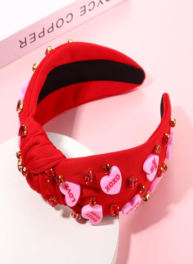 YAHPERN Valentine’s Day Headband for Women Red Pink Heart Knotted Headband Jeweled Rhinestone Crystal Wide Top Knot Hairband Valentine’s Day Hair Accessories Holiday Gifts (Letter Heart) - Image 4